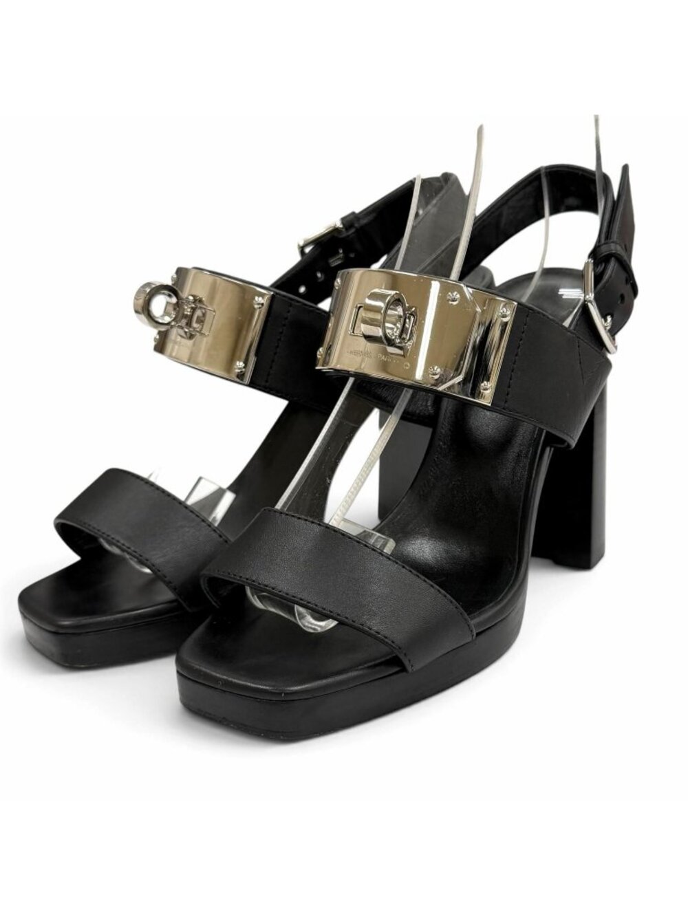 Hermes Sandals Silver Kelly Buckle Chunkyheels Leather Black